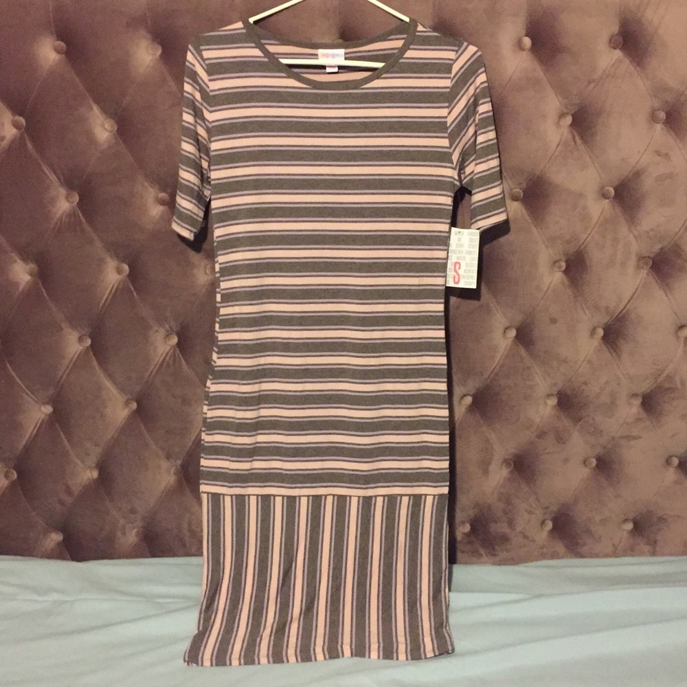 LulaRoe small Julia Dress NWT Gray Pink Stripes