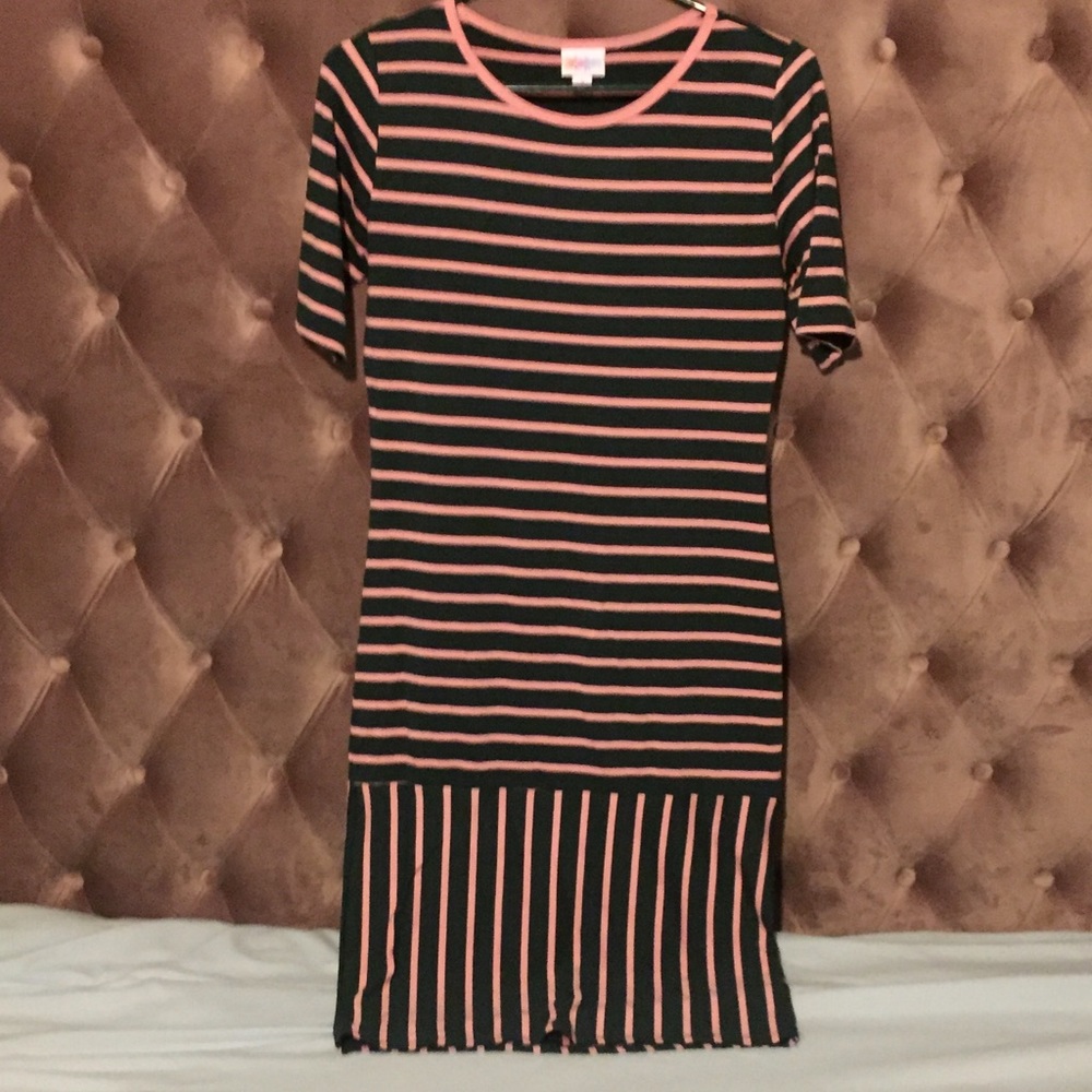 LulaRoe small Julia Dress Blue Pink Stripes GUC