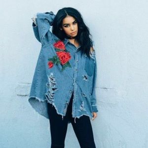 LF Destroyed Denim Shirt with Rose Embroidery