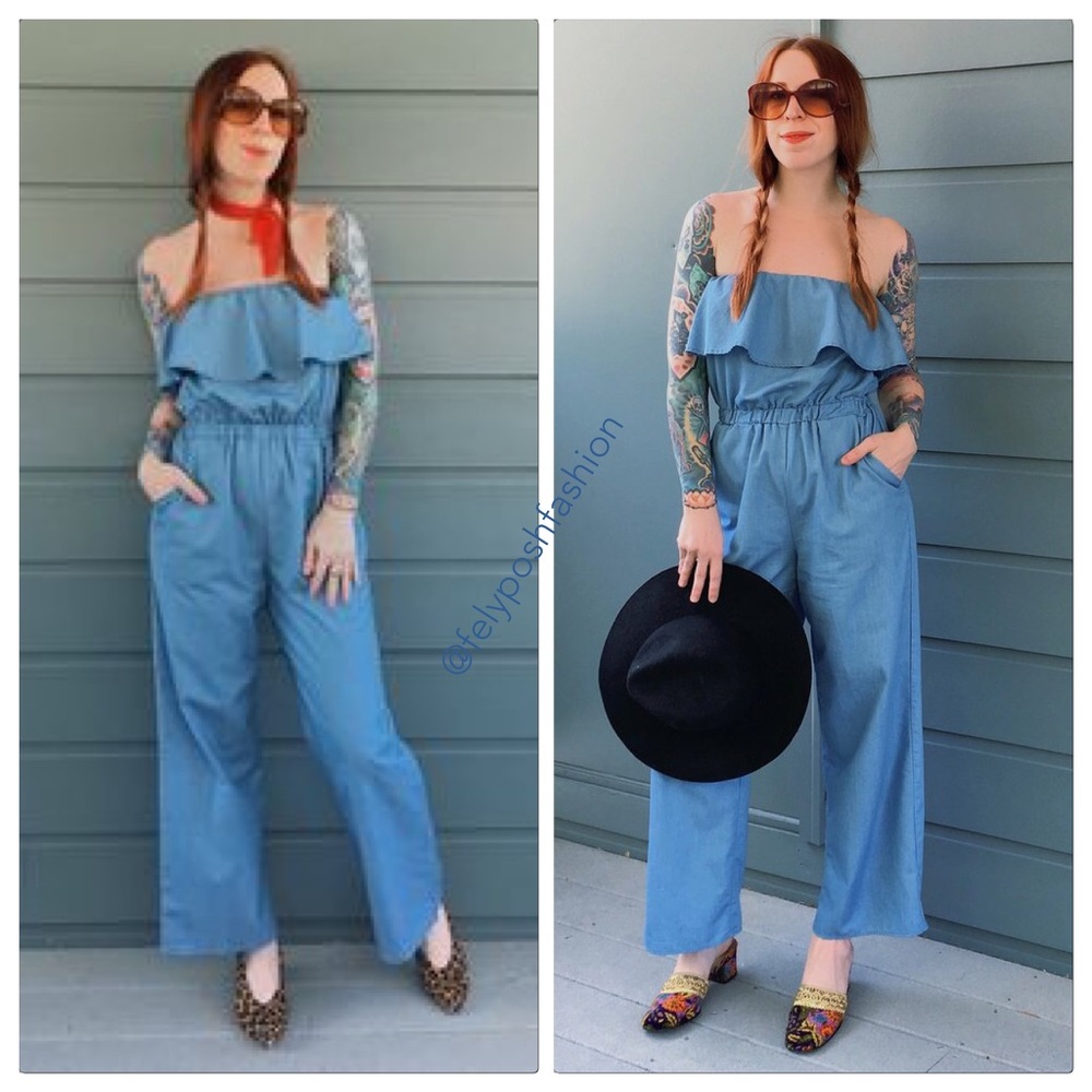 Lucca Couture Strapless Chambray Jumpsuit - Picture 1 of 6