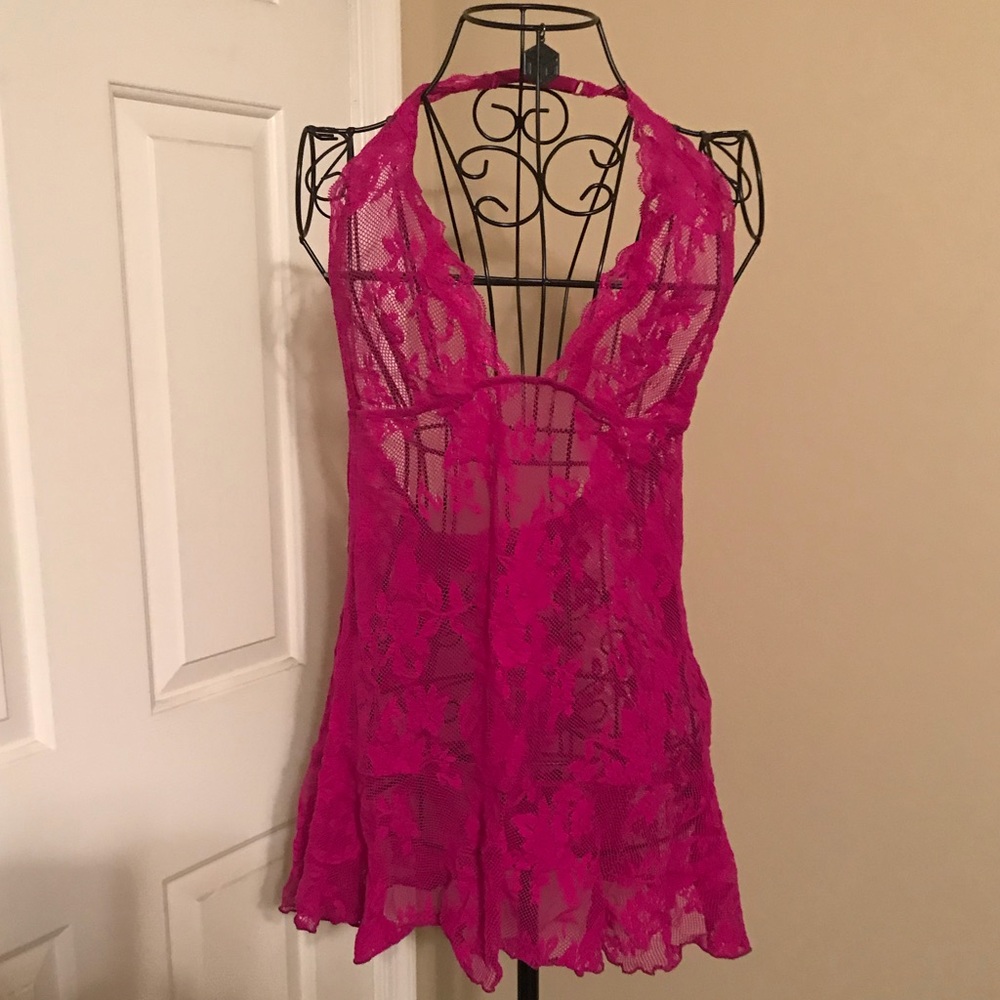 Pink sheer lace chemise with halter hook top.