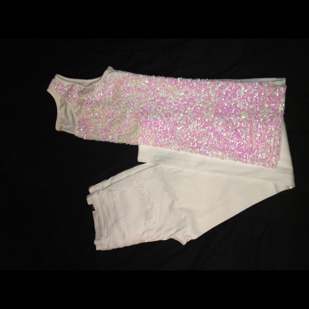 White skinny-leg jeans w/pink sequin tank top