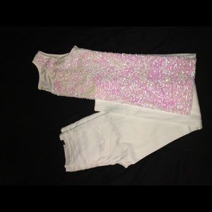 White skinny-leg jeans w/pink sequin tank top