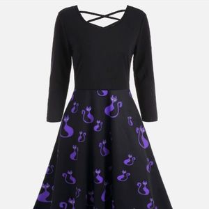 Plus 4X Goth Kitty Cat Flare Dress Empire Waist