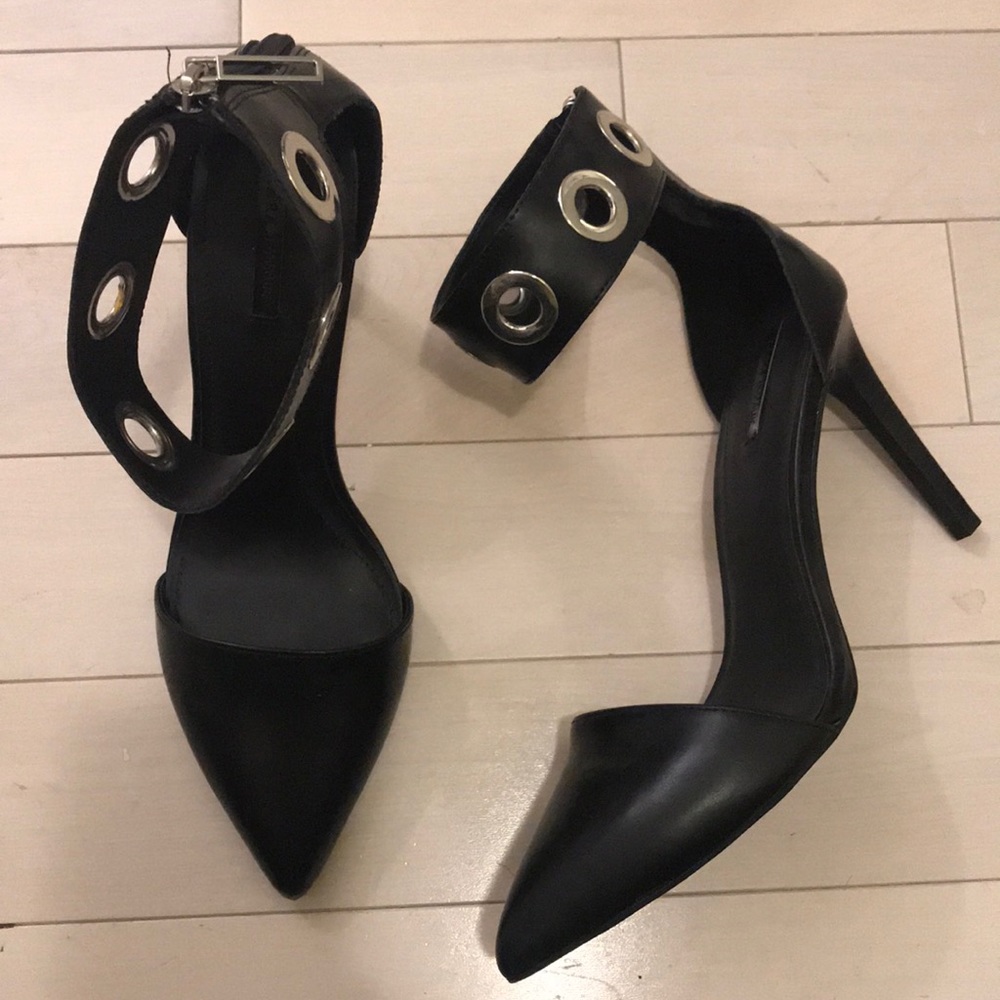 Black Grommet Ankle Strap Pumps