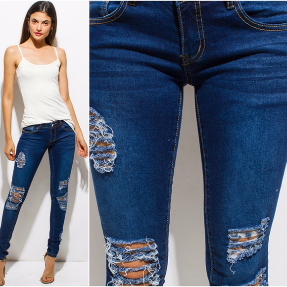 NEW Dark Washed Distressed Skinny Jeans - Picture 3 of 3