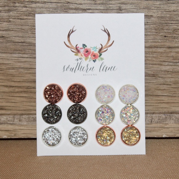 6 Pair Druzy Earring Set - 12mm - Picture 1 of 1