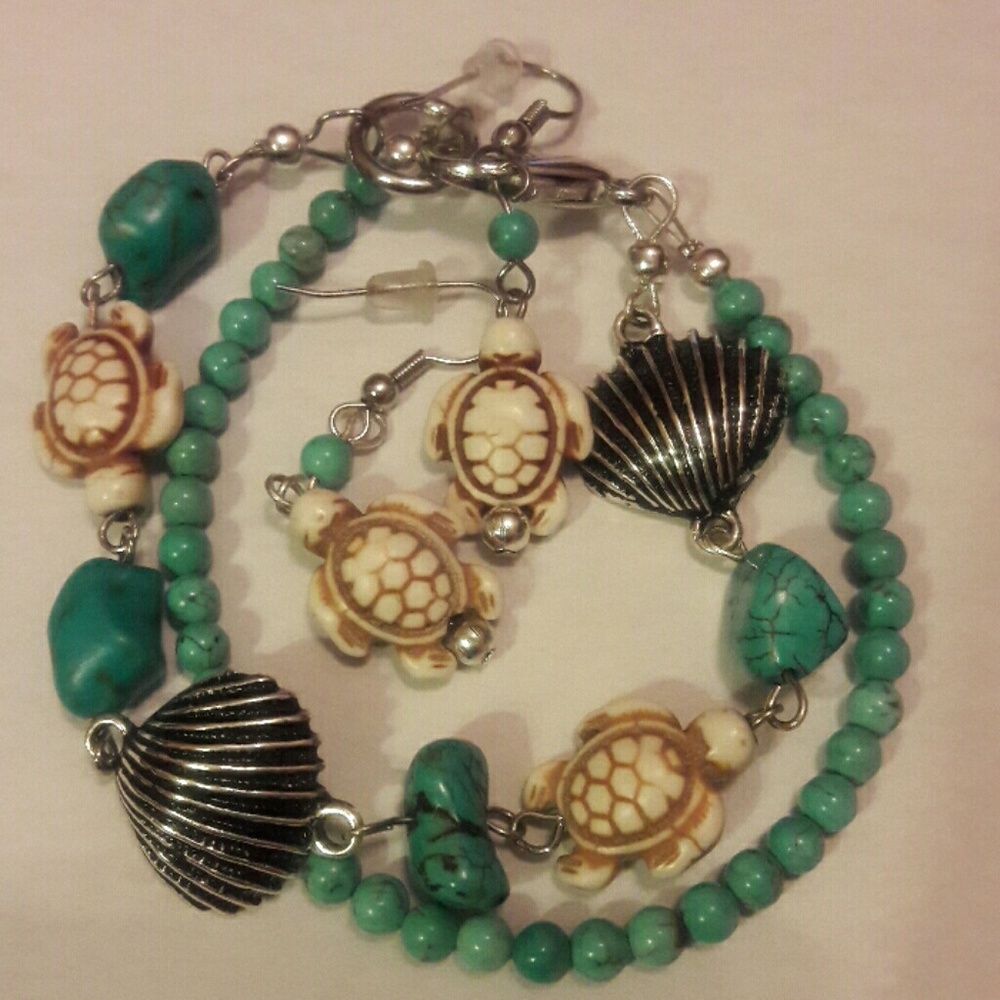 DebbBees #176 Turquoise Turtle Bracelet  Earrings
