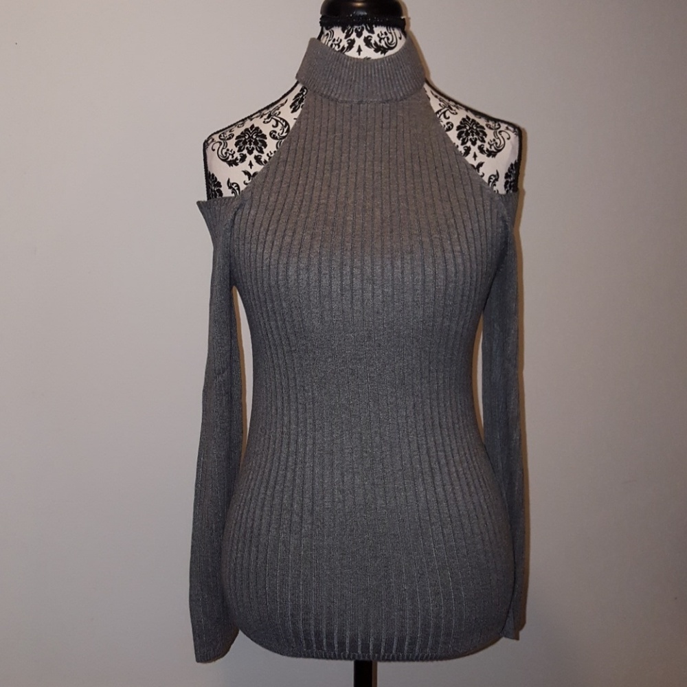 Charcoal Chic Turtleneck with Cutout Shoulders