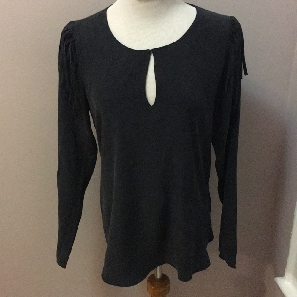 Rory Beca Black 100% silk fringe top sz s