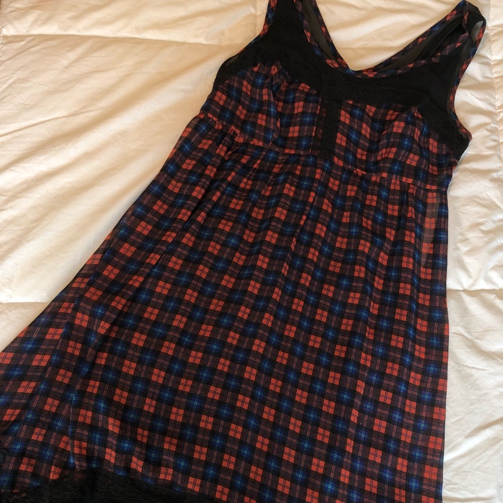 bar III orange/red/ and blue, black plaid dress