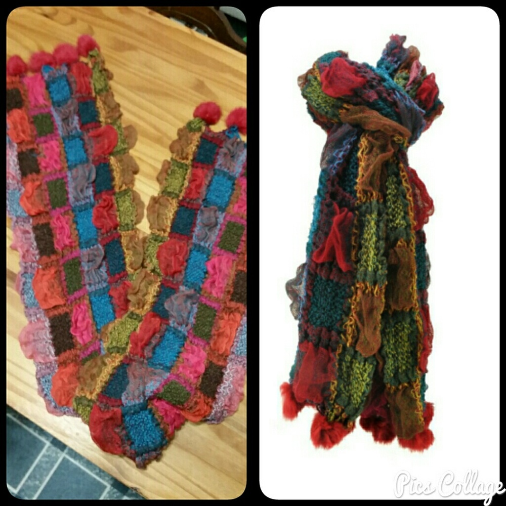 Multicolored, Textured Pom-Pom Scarf