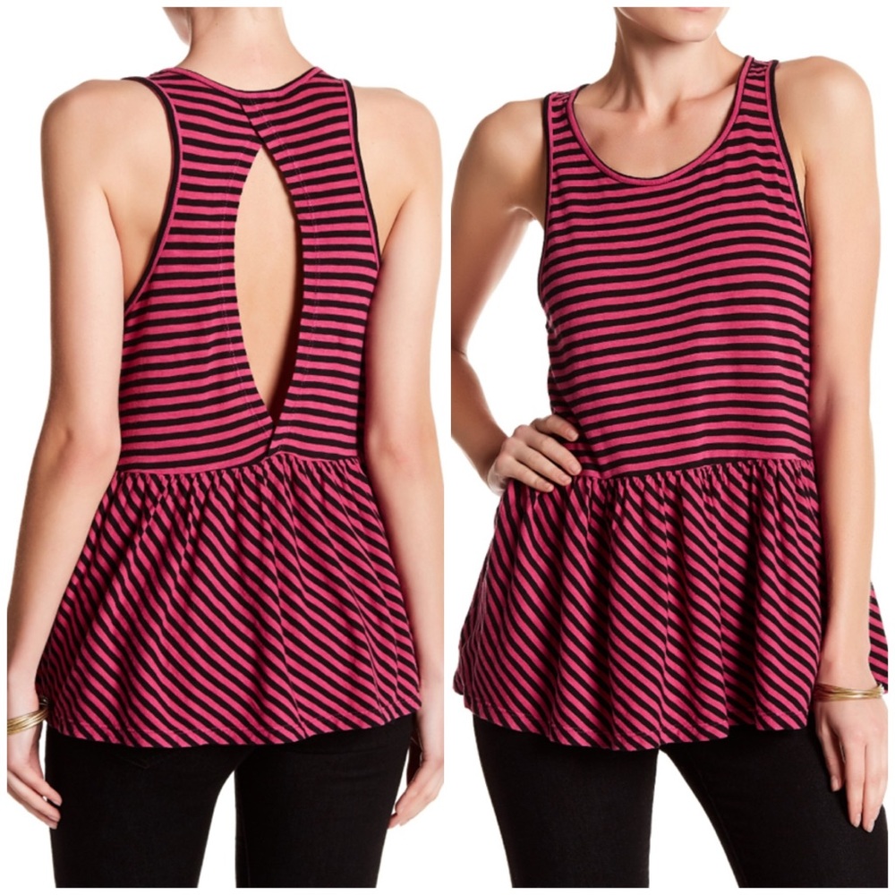 Pink Striped Open Back Peplum Tank