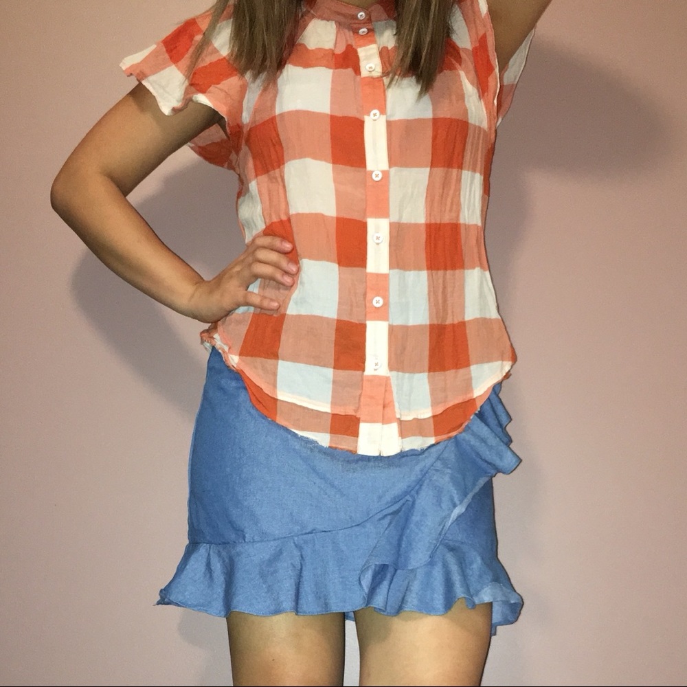 Orange Buffalo Check Flowy Linen Top