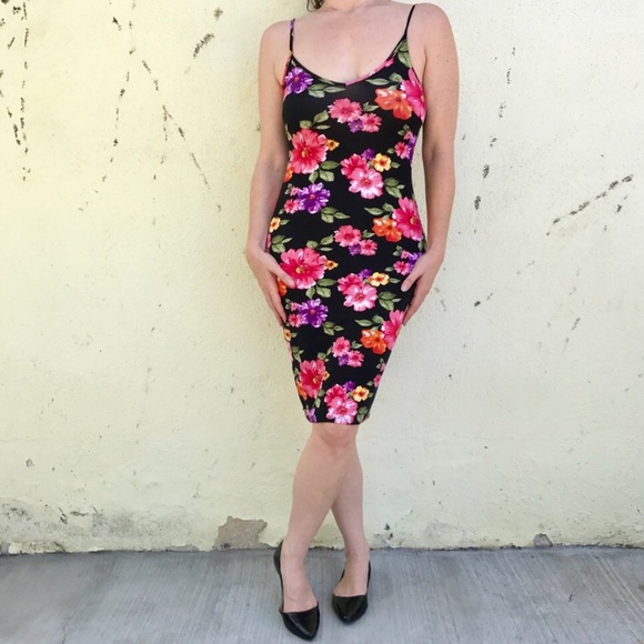 Dresses & Skirts - Floral bodycon DRESS Tank midi BLACK Tube M/L
