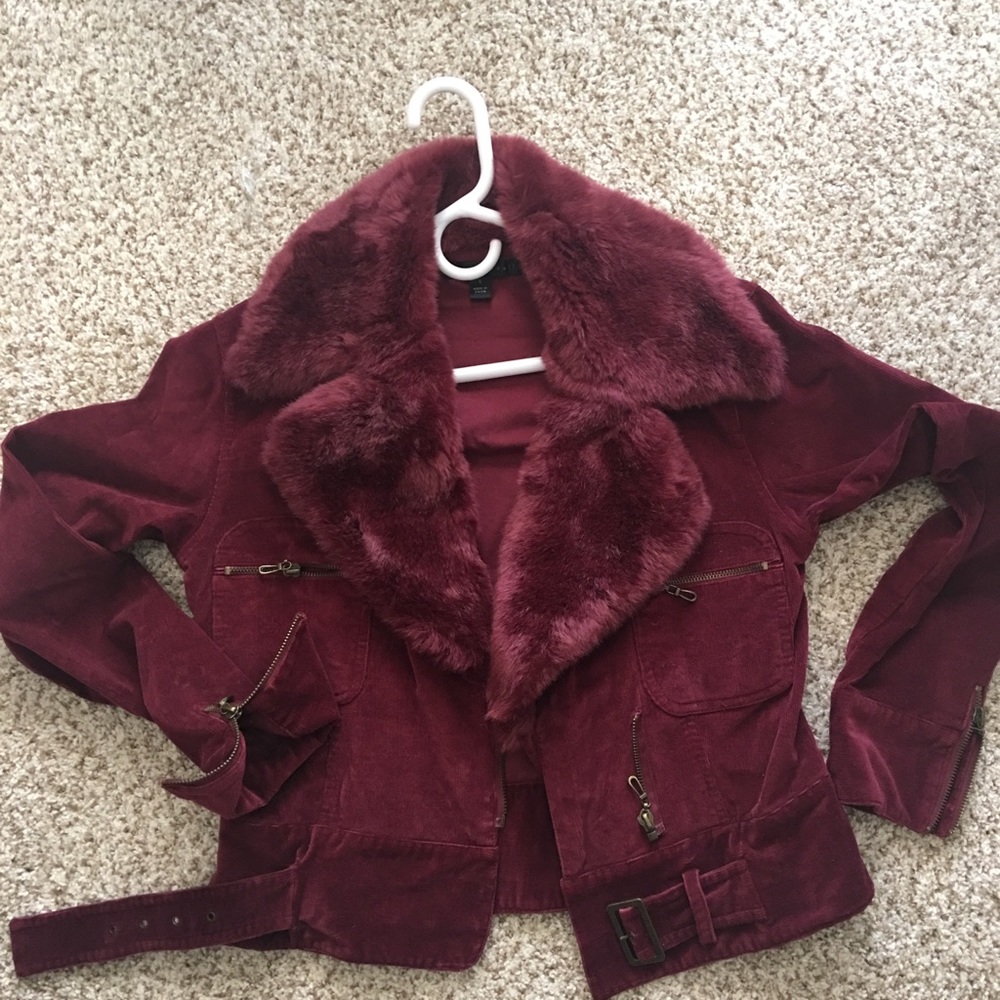 Sherri Bodell- Burgundy, Fur Collar Moto Jacket 🔥
