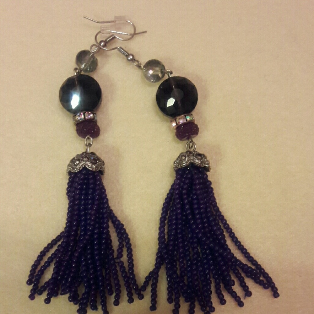 DebbBees #166. Purple Beaded Tassel Earrings