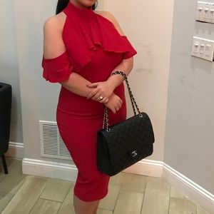 high neck frill cold shoulder midi dress red