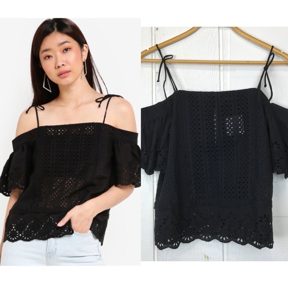 Topshop Broderie Berdot Black Cold Shoulder Top 4