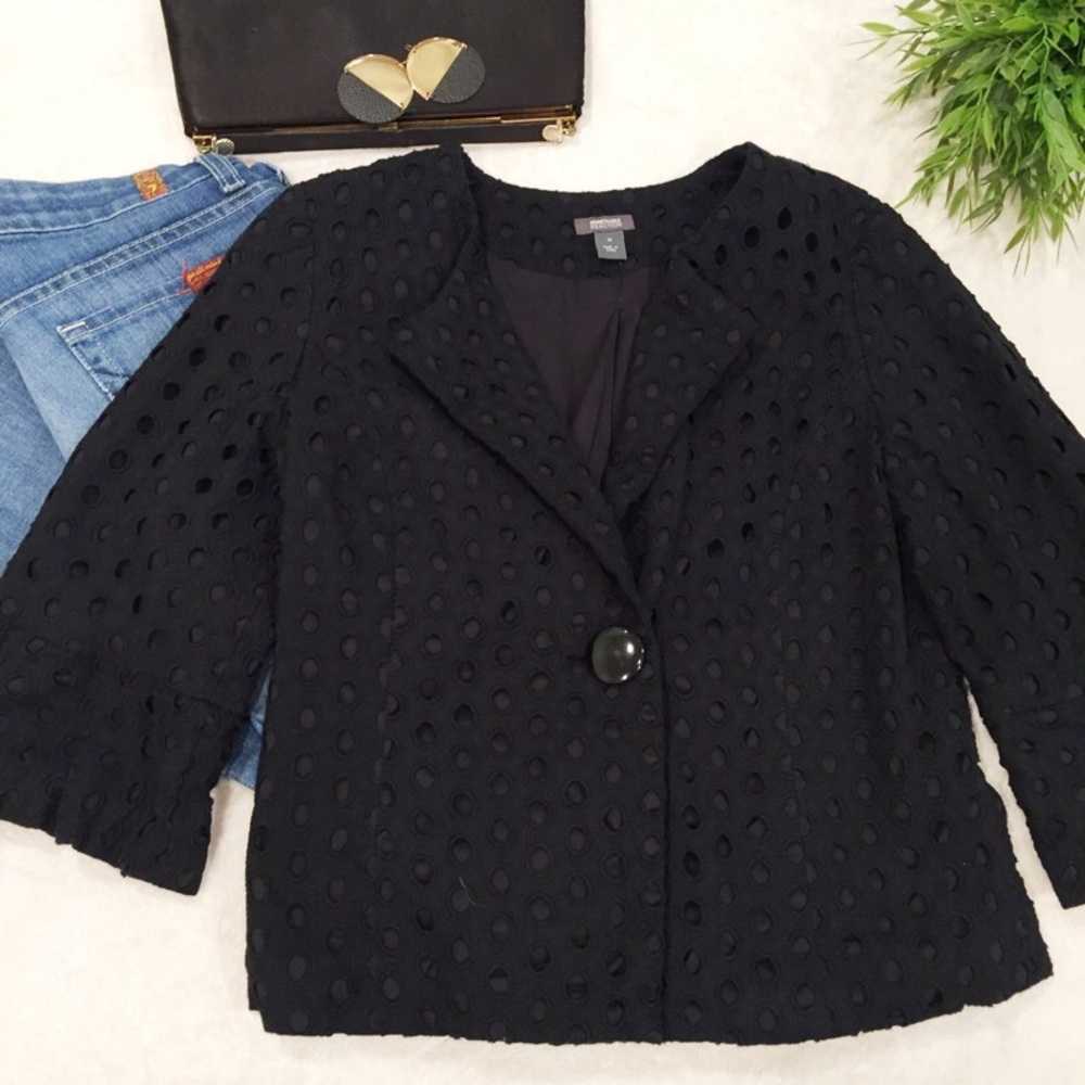 KENNETH COLE Black Eyelet Cropped Peplum Blazer