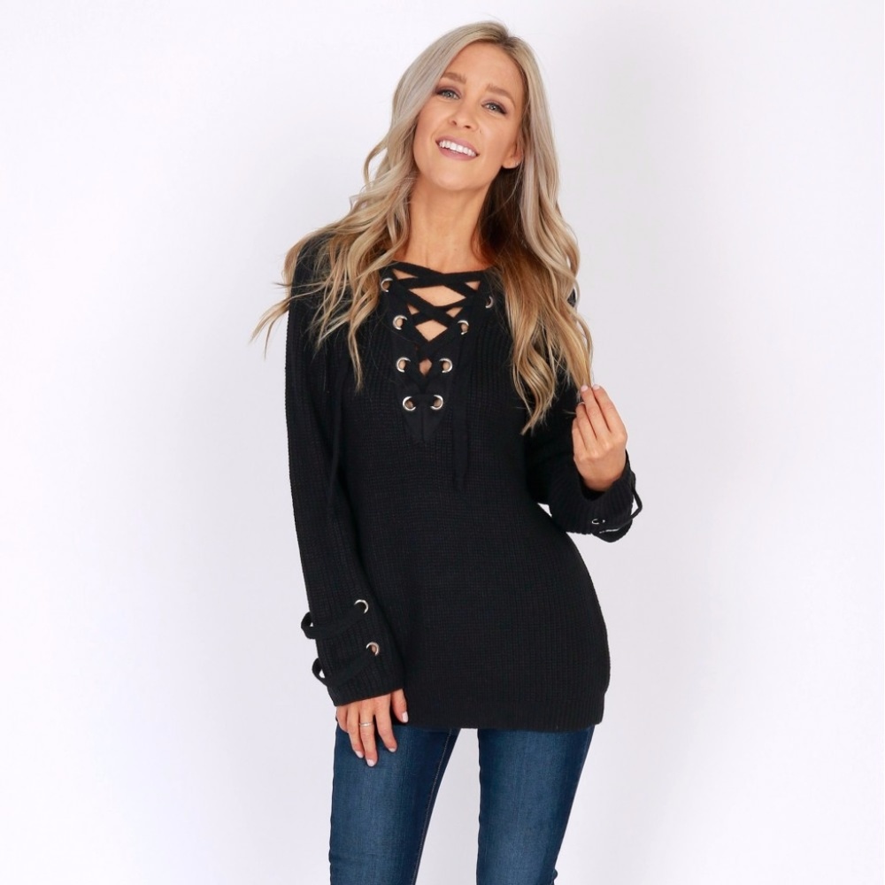 NWT Lace-Up Sweater Black Trendy Gift!