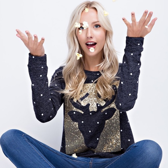 Gold Sequin Polka Dot Reindeer Sweater - Picture 5 of 6
