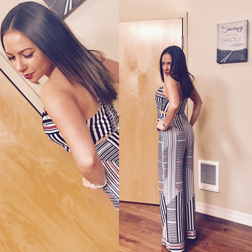 Jumper Pants Palazzo White Blk Stripes Sleeveless