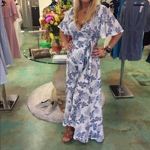 White with baby blue wrap maxi dress