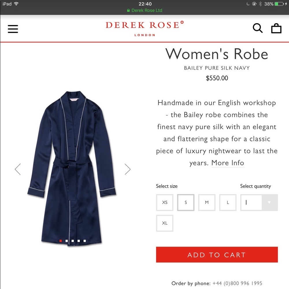 Derek Rose women robe. Bailey pure silk navy.NWT