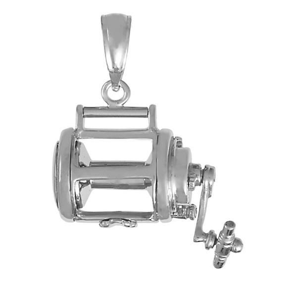 New Polished Rhodium Plated 925 Sterling Silver Fishing Reel Charm