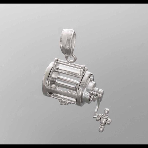New Polished Rhodium Plated 925 Sterling Silver Fishing Reel Charm