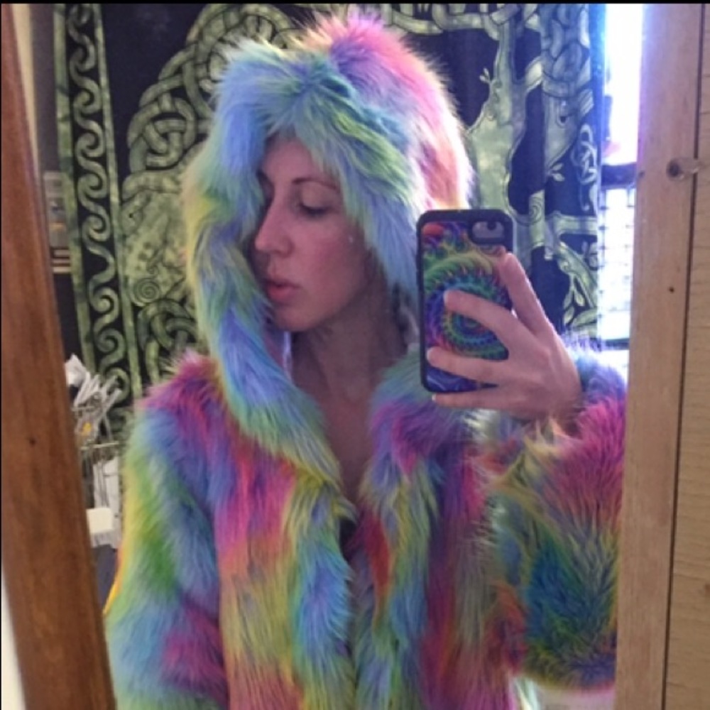 Rainbow fur coat burning man rave festival duster - Picture 5 of 8