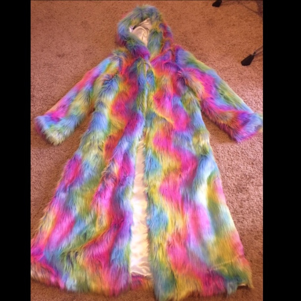 Rainbow fur coat burning man rave festival duster - Picture 2 of 8