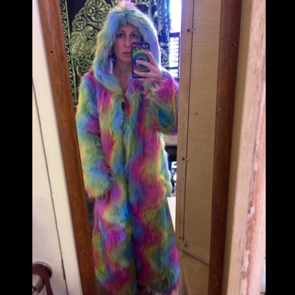 Rainbow fur coat burning man rave festival duster - Picture 4 of 8