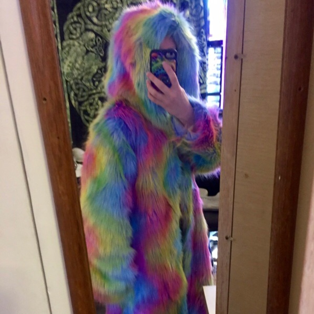 Rainbow fur coat burning man rave festival duster - Picture 7 of 8