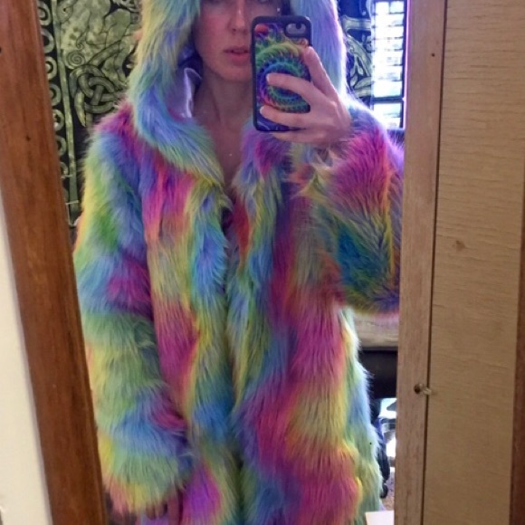 Rainbow fur coat burning man rave festival duster - Picture 3 of 8