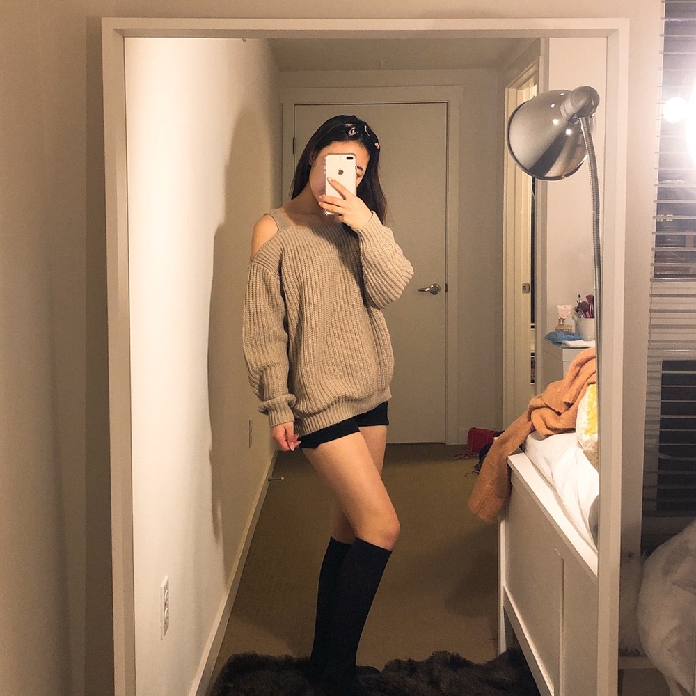 Beige open shoulder sweater