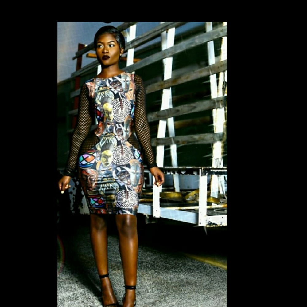 African Print Bodycon Dress with Fishnet Detailing