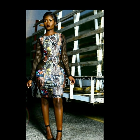 African Print Bodycon Dress with Fishnet Detailing - Picture 1 of 2