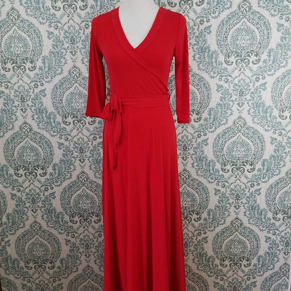 Solid Draped, Self Tie, Maxi Dress in Red