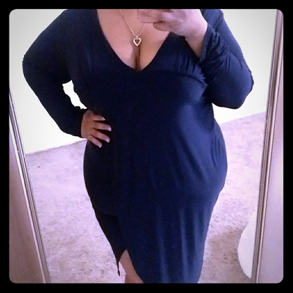 Deep V Navy Blue Wrap Dress