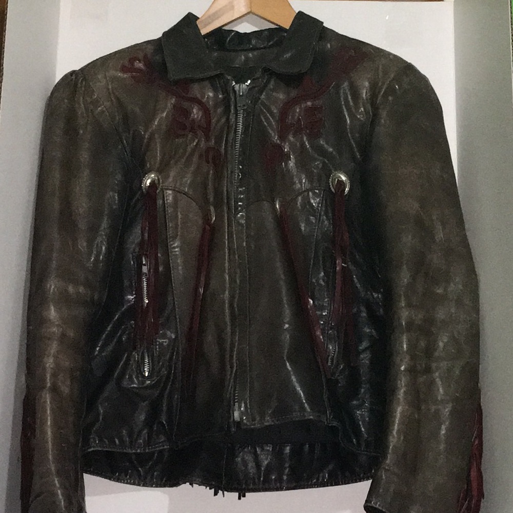 VINTAGE 3 tone Dallas leather fringe jacket Sz 12