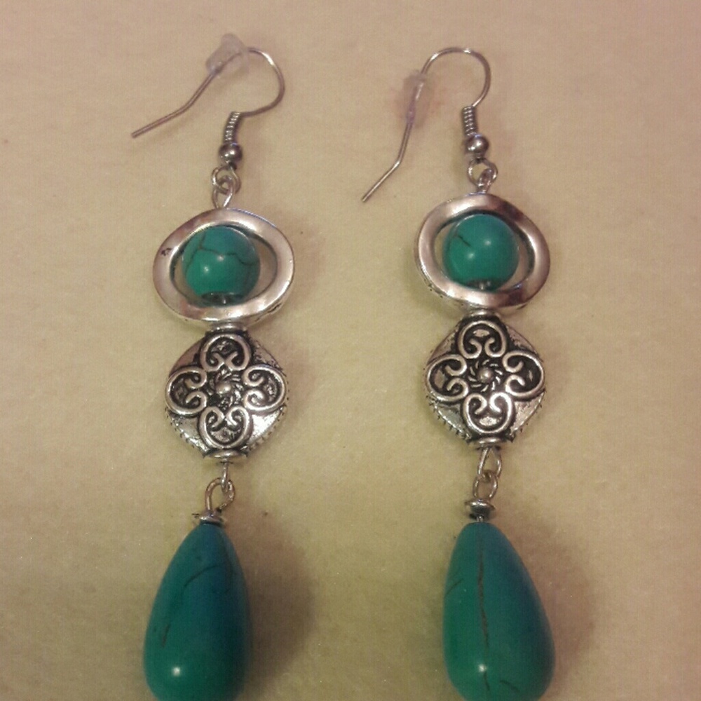 DebbBees #11  Blue turquoise drop  earrings.
