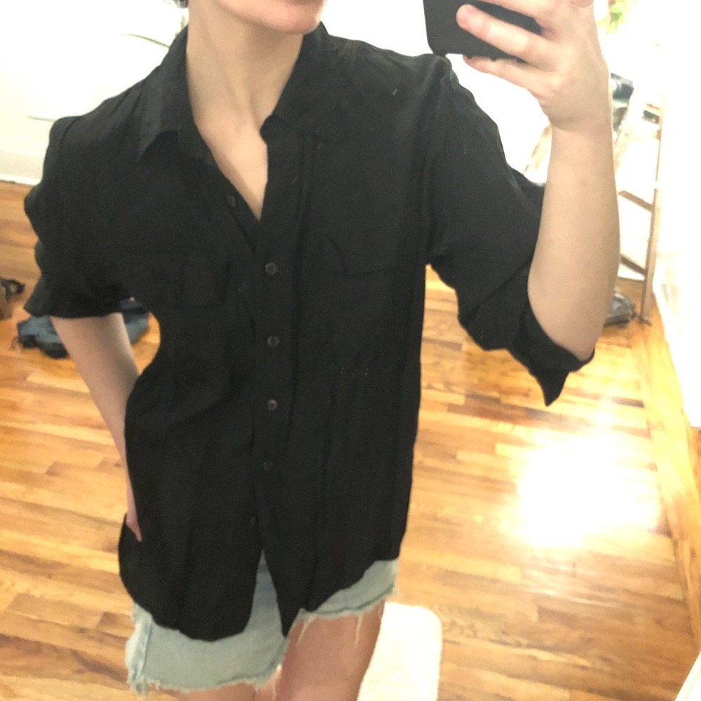 Vintage Joanna Black Silky Relaxed Long Sleeve Button Down Top Shirt Blouse M - Picture 16 of 16