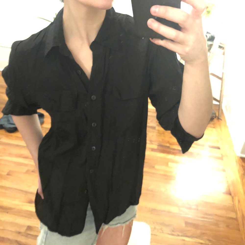 Vintage Joanna Black Silky Relaxed Long Sleeve Button Down Top Shirt Blouse M - Picture 9 of 16
