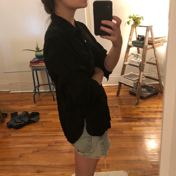 Vintage Joanna Black Silky Relaxed Long Sleeve Button Down Top Shirt Blouse M - Picture 12 of 16