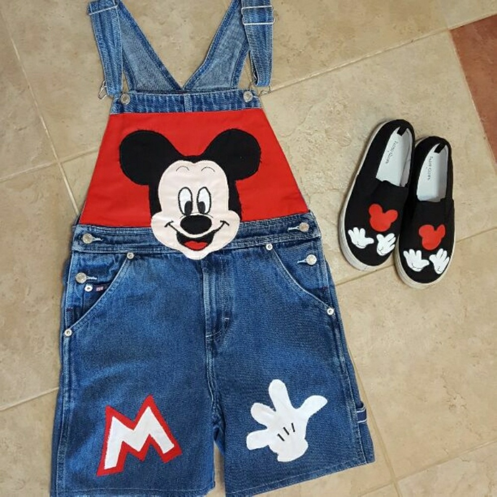 CUSTOM MICKEY MOUSE OVERALLS SZ 8 AND SHOES SZ 1