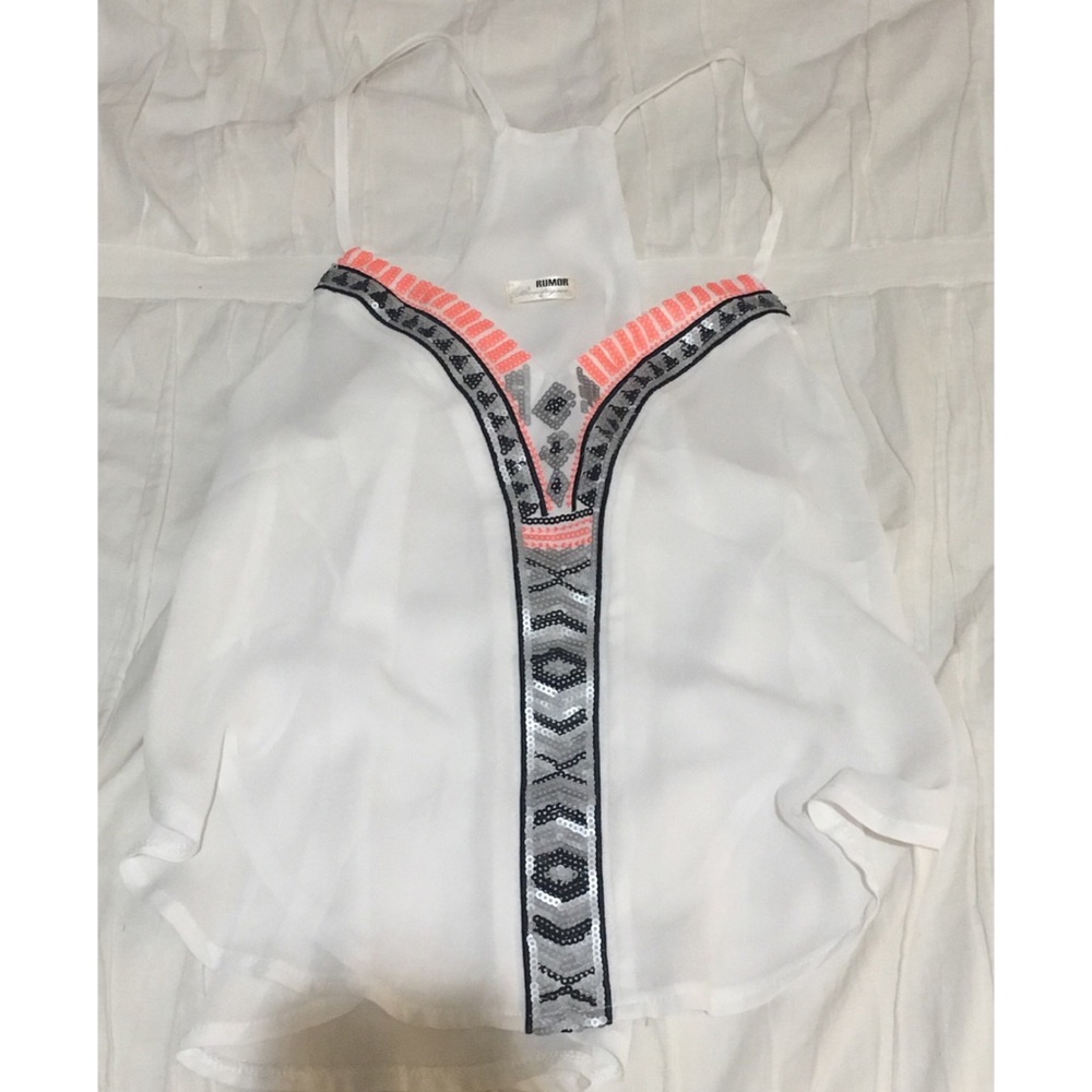 LF White tank with orange silver black sequins