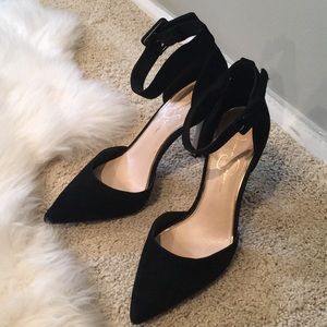 Jessica Simpson black ankle strap heels