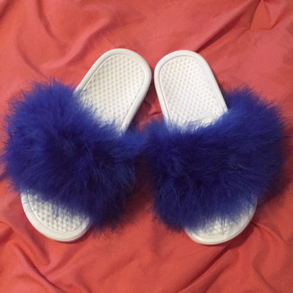Nike Slides With Royal Blue Fur
